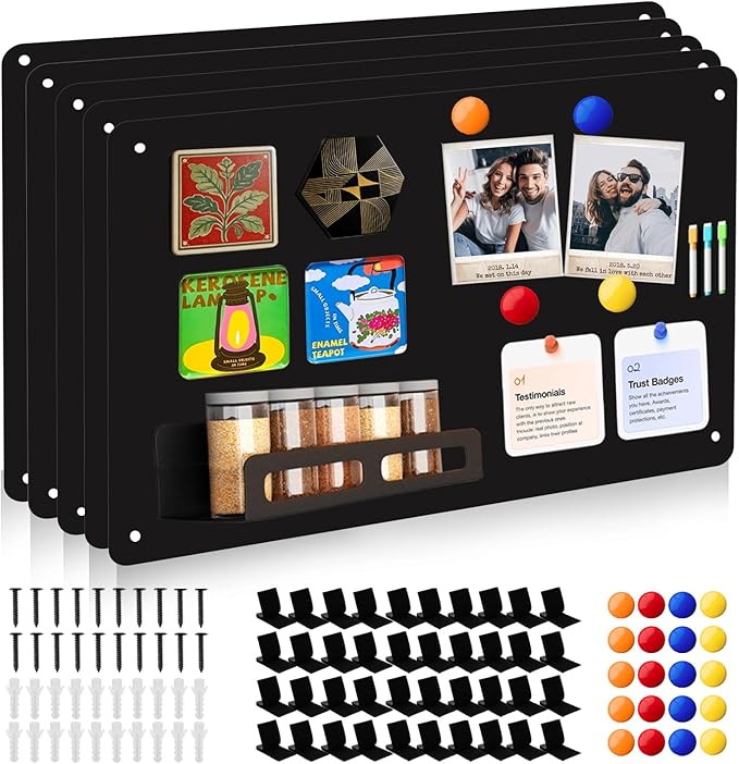 5 Pack Black Magnetic Board,17" x 11.8" Metal Magnet Bulletin Board to Display Magnetic Notes, Numbers, Poetry, Photos, Spice Jars, Suitable for Wall, Refrigerator, Include Magnetic Buckle & Screws