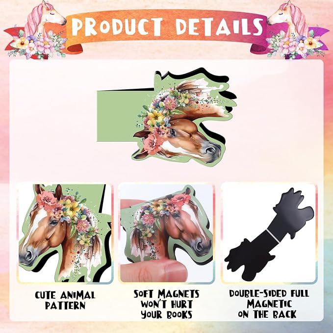 Wxiben Horse Shaped Magnetic Bookmark - 6 Pcs Funny Animal Magnetic Bookmarks Horses Book Mark Magnets Page Marker Clip Gift for Women Men Book Lovers Reading Office Bookworms