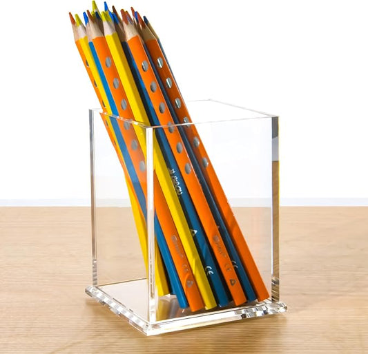 AIMOLLY Clear Acrylic Pencil Pen Holder Cup, Desk Accessories Holder,Makeup Brush Storage Organizer, Modern Design Desktop Stationery Organizer for Office School Home Supplies, 3.1x 3.1x 4.3 inch