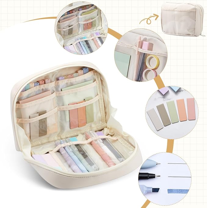 Sinload 60 Pcs Aesthetic Book Annotation Kit Pencil Case with Highlighter Gel Pen Mechanical Pencil Magnetic Bookmarks Transparent Sticky Note Tabs Mini Office Supplies(Cream Beige)