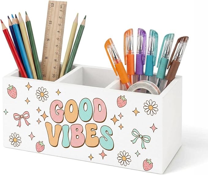 Retro Daisy Pen Pencil Holder for Office Desk Good Vibes Office Decor Gift Wooden Inspirational Organizer Desktop Decor for Girls Cute Makeup Brush Toothbrush Holder for Bathroom Desk Accessories