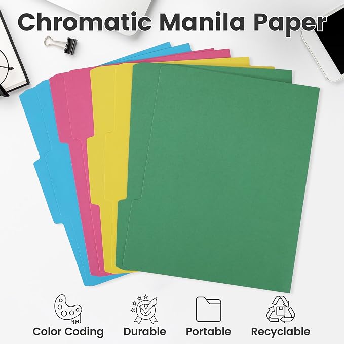 Colored File Folders, Letter Size, 1/3 Cut Tab. Chromatic Manila Folders 8.5 x 11 for Documents, Basic File Folders with Foldable Lines, Carpetas para Documentos for Office, School (100, 4-Color Mix)