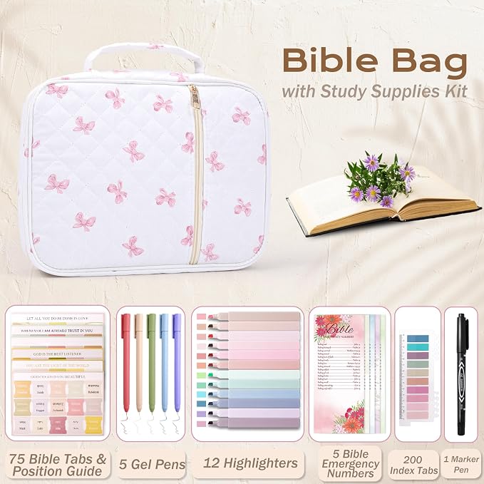 XKDOUS 30 Pcs Bible Bag Kit for Women Large Church Book Carrying Case with Handle, Study Supplies Carrier Portable Quilted Bible Cover Case Christian Gifts for Mom Lady Friends
