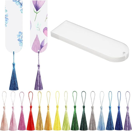 30 Pcs Acrylic Bookmark Blanks Bulk Clear Book Marks Kit with 30 Pcs Colorful Tassels Transparent Reading Book Page Mark Tags Set DIY Crafts Arts Projects Semicircle
