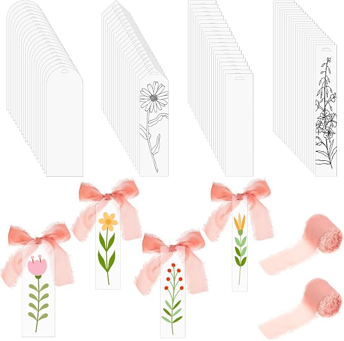 Yeaqee 100 Pcs Acrylic Bookmark Blanks Clear Bookmarks Acrylic Tags with 2 Rolls Ribbon DIY Craft Transparent Bookmark for Reading Lovers for School Presents(Multi Sizes,Rose Pink)