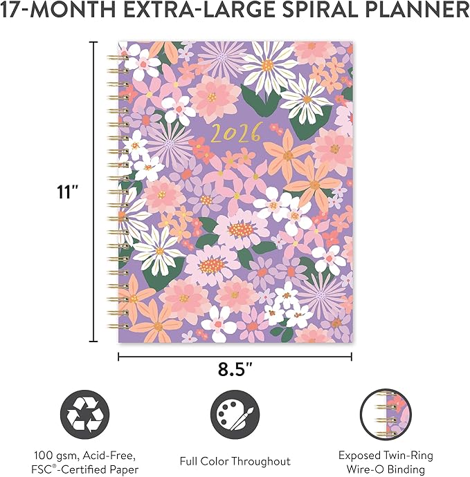 Orange Circle Studio 2026 Planner, Secret Garden, Extra Large Spiral Planners, Weekly & Monthly Planner for School or Work, Note Pages, Budget, Goal & Hydration Tracker, 256 Stickers