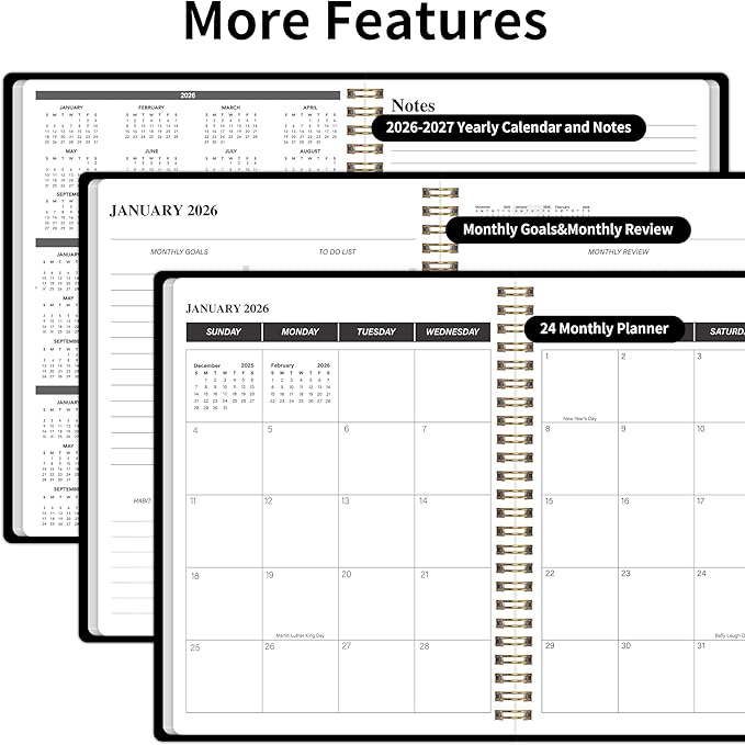 KMQOY Monthly Planner 2026-2027, 2026 Calendar 24 Months Planner, Jan 2026 - Dec 2027, 7.5"x10", Personal Calendar with Monthly Goals, To-Do List, Habit Tracker, 2 years for School Office Home Planning(Black)