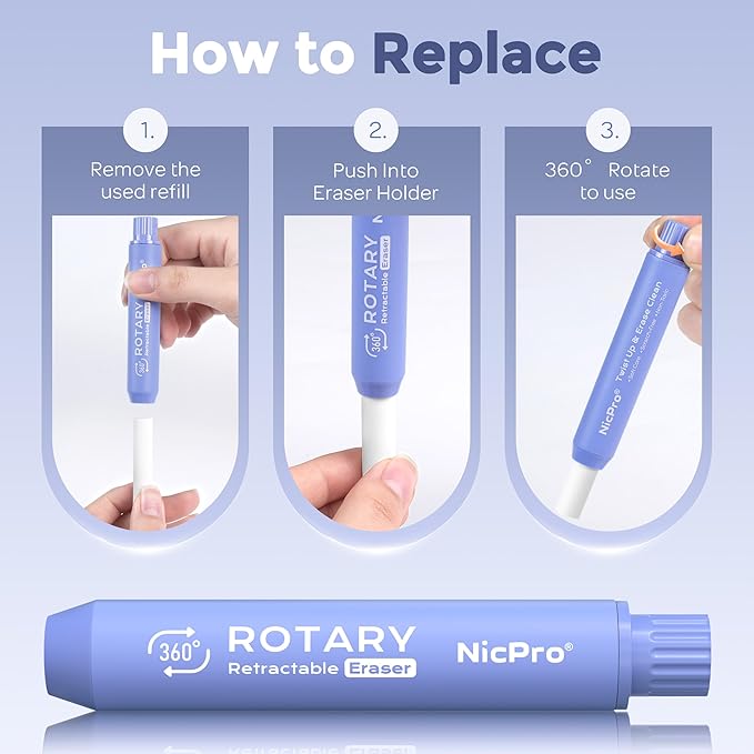 Nicpro 5+1 Pack Rotary Retractable Erasers, Soft TPE Rubber Twist Large Pencil Erasers with 5 Refills, Clean-Erasing Eraser for Kids & Students, School Office Supplies Stationary Set (Purple)
