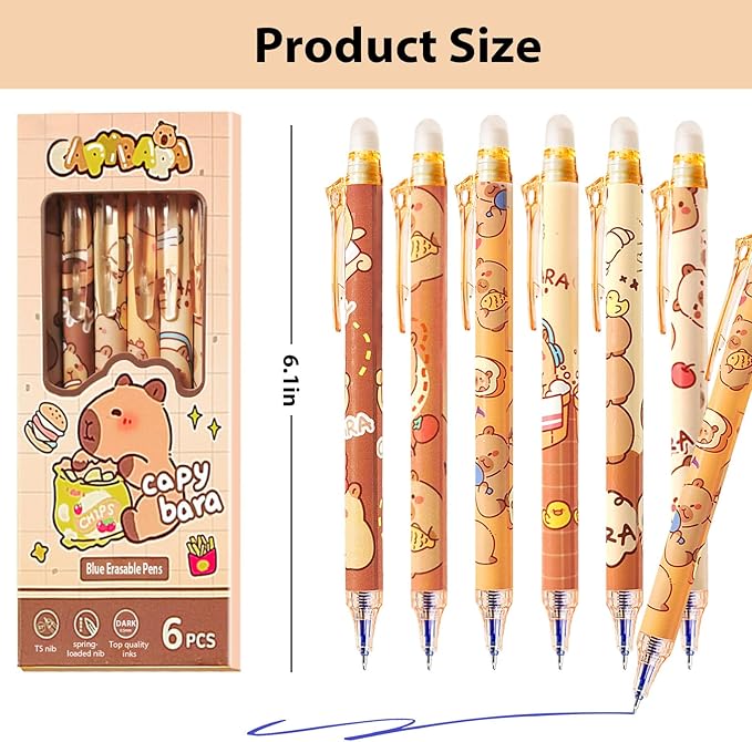 12 PCS Cute Erasable Pens,Capybara Erasable Gel Ink Pens,0.5mm Blue Ink - Retractable, Cute Capybara School Supplise,Kawaii Capybara Stationery Set,Perfect for Office, School, Women,Man
