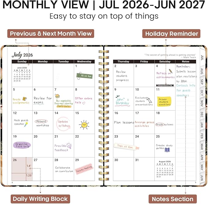 Academic Planner 2026-2027, Weekly and Monthly Calendar Book, July 2026 – June 2027, Hardcover Planner with Tabs, Perfect for Teachers, Students, Women & Men, A5 (6.4" x 8.5") - Mushroom