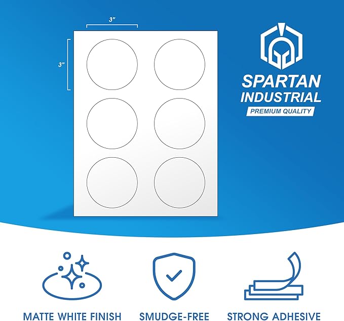3" Printable Round Labels for Laser and Inkjet Printers - 1500 Blank Labels, 250 Sheets for Business Logos, Thank You Stickers, Price Tags, QR Codes - Spartan Industrial Template C006