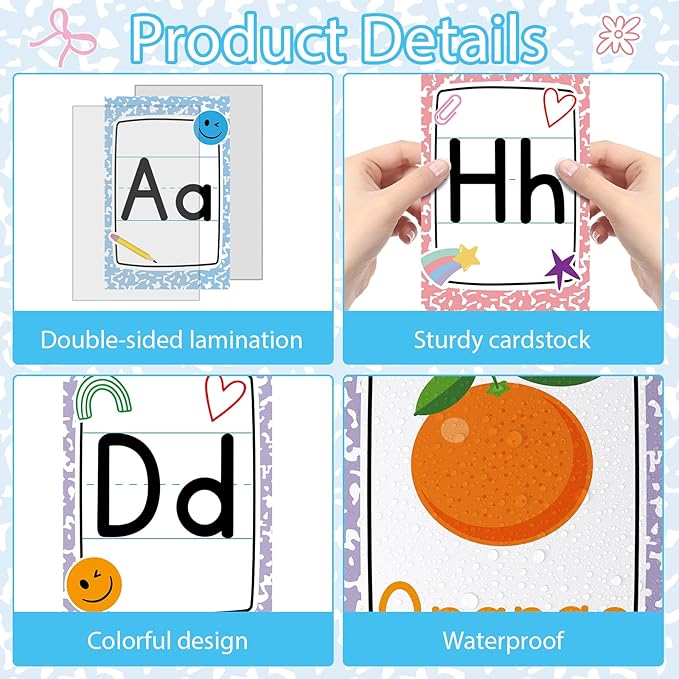 56Pcs Composition Notebook Alphabet Poster for Wall Alphabet Number Bulletin Board Colors Shapes Educational Learning Cards for Teacher