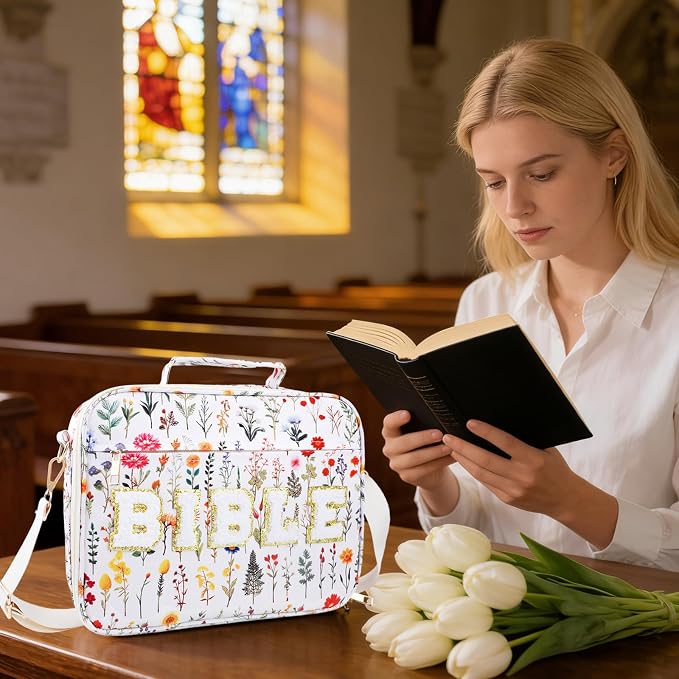 Large Bible Cover Case for Women, 12 x 9 x 2.5 Inch Letter Bible Bag with Shoulder Strap Carrying Bag with Tabs 6 Colored Pens 12 Highlighters, Back to School Study Supplies Christian Church Gifts