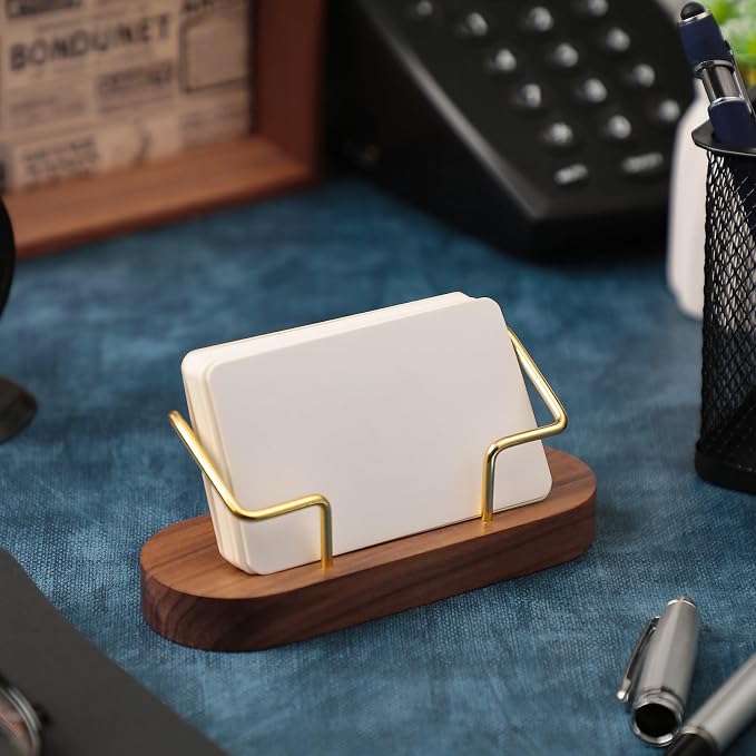 Amyhill 2 Pcs Wood Business Card Holder for Desk Wooden Business Card Display Stand Postcard Organizer for Office Home Desktop(Brown)