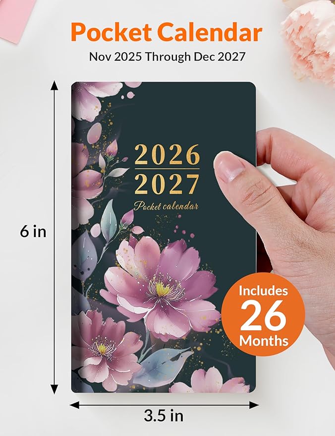 SUNEE Pocket Calendar 2026-2027 - Two Year Monthly Planner Small Calendar 3.5" x 6" Organizer for Daily & Yearly Schedule - Compact Agenda Notebook for School, Work, Women, Purple Flower