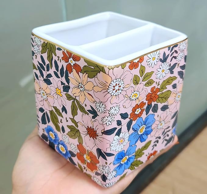 Pen Holder for Desk, Ceramic Pencil Cup, Stylish Abstract Terrazzo Marble Stone Print Organizer Makeup Brush Holders for Home Office (Flower)
