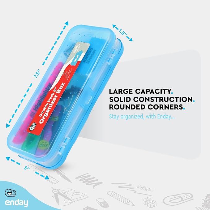 Enday Pencil Box Blue, Plastic Double Deck Pencil Case with 7 Compartments, Box Organizer with Snap Closure for Home and Office