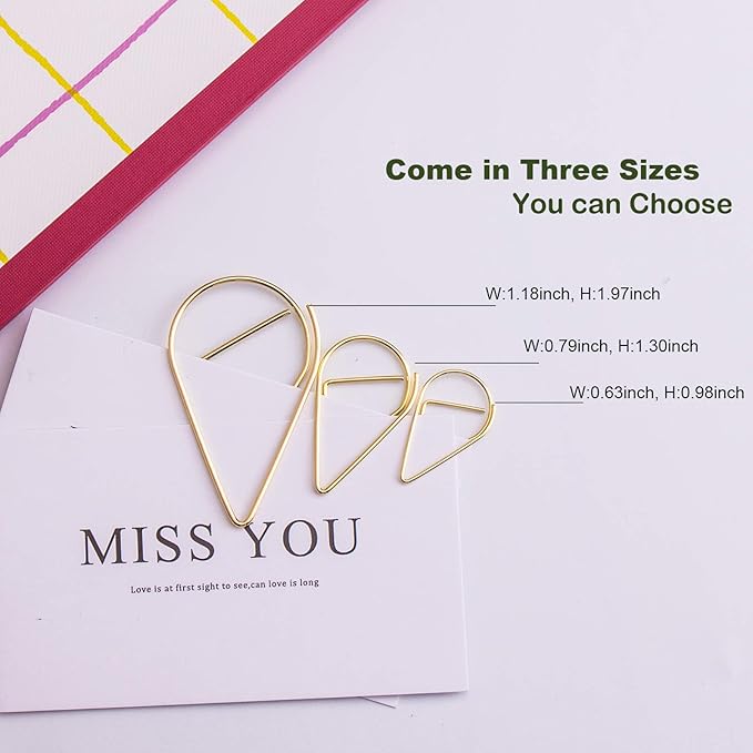 100 Pieces Gold Cute Paper Clips Medium, VENCINK Smooth Stainless Steel Tear Drop-Shaped Wire Paperclips for Office Supplies Wedding Women Girls Kids Students Paper Work