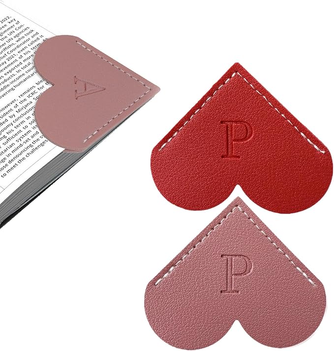 2Pcs Personalized Leather Heart Bookmark with Initial, 26 Letters Custom Corner Page Book Mark for Reading Women, Book Lovers, Teachers, Students, Cute Book Accessories Gifts(Red+Dark Pink, P)