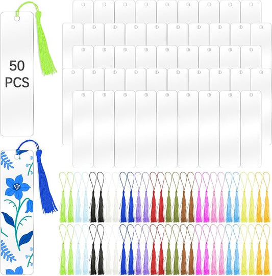50 Pcs Clear Acrylic Bookmarks Blanks Rectangle, Plastic Book Page Markers Transparent Acrylic Bookmark Blank Bulk with 50 Pcs Book Mark Tassels for DIY Crafting Projects and Gift Tags