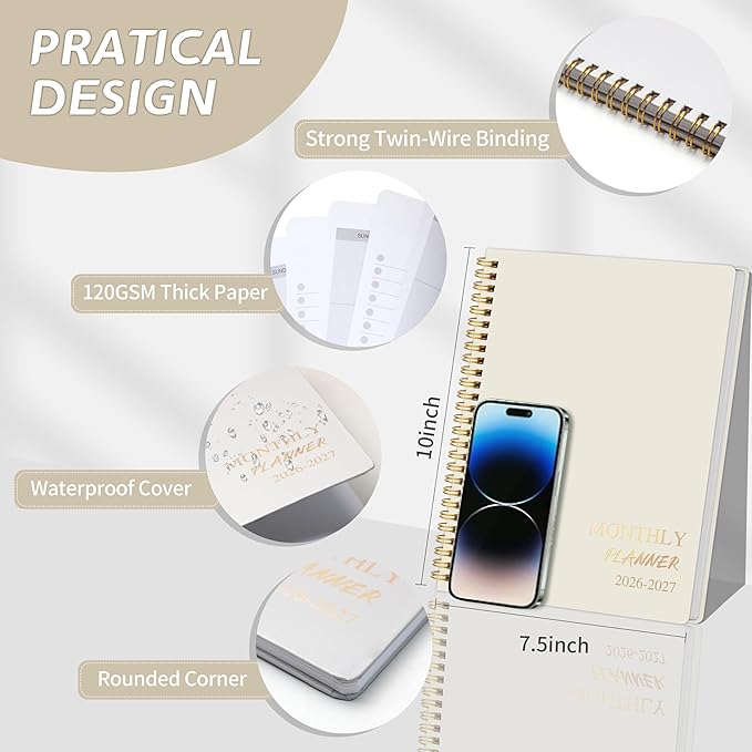 2026-2027 Monthly Planner - 2 Year Monthly Planner 2026-2027, Hard Cardboard Cover, Jan 2026 - Dec 2027, 7.5" x 10", 2 Year Calendar with 24 Month, Twin-wire Binding, Note Pages