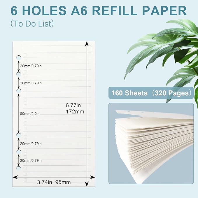 Toplive A6 Refill To Do List, 6 Holes Loose Leaf Paper, 160 Sheets Daily Planner Binder Inserts Lined Refill
