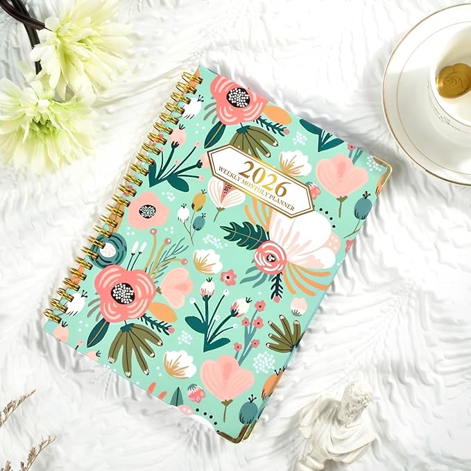 2026 Planner, Jan.2026 - Dec.2026 Planner Weekly and Monthly 6.25"x8.5" with with Page Tabs, Calendar Hardcover with Inner Pocket, Elastic Band, Twin-Wire Binding, Bookmark, Green Flowers