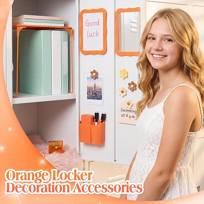 Colarr 16 Pcs Orange Locker Accessories for Girls Includes Magnetic Whiteboard & Mirror Locker Shelf Pen Holder 2 Dry Erase Marker & Eraser 9 Flowers for Back to School Essentials Decoration