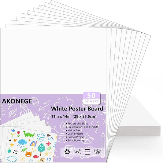 AKONEGE 50PCS Poster Board 11" x 14" White Poster Paper Bulk, 250GSM Thickness Vision Boards Blank Graphic Display Posterboards for School Arts Crafts Projects Drawing Office Presentations Supplies