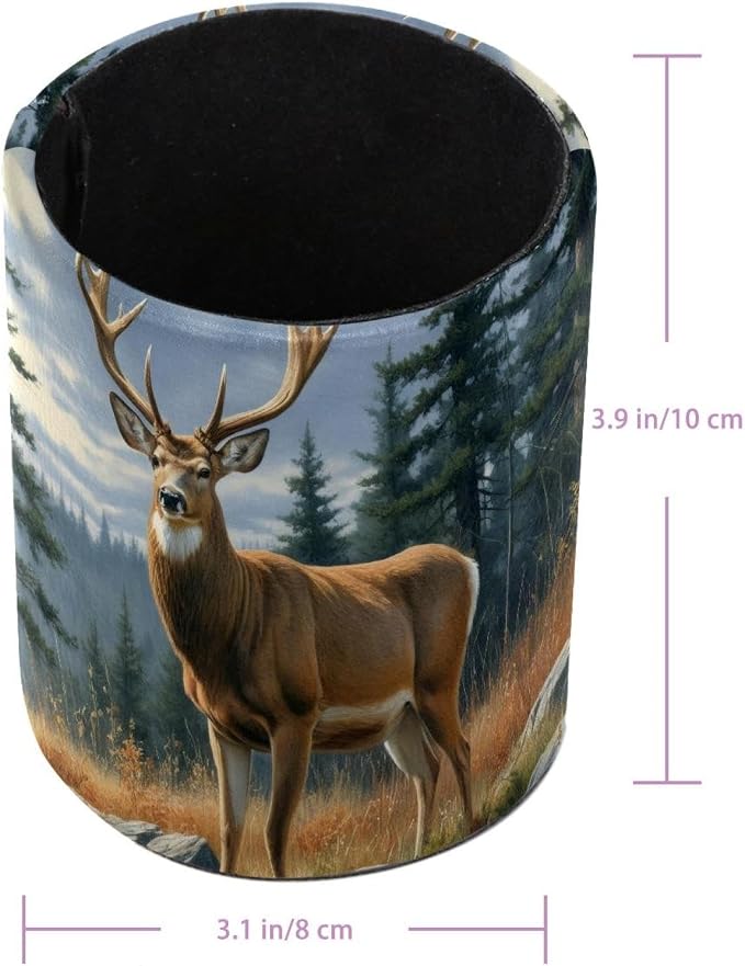 Pen Pencil Holder for Desk, Forest Deer Makeup Brush Holders Leather Pen Organizer Pencil Caddy for Office Home Art Supply