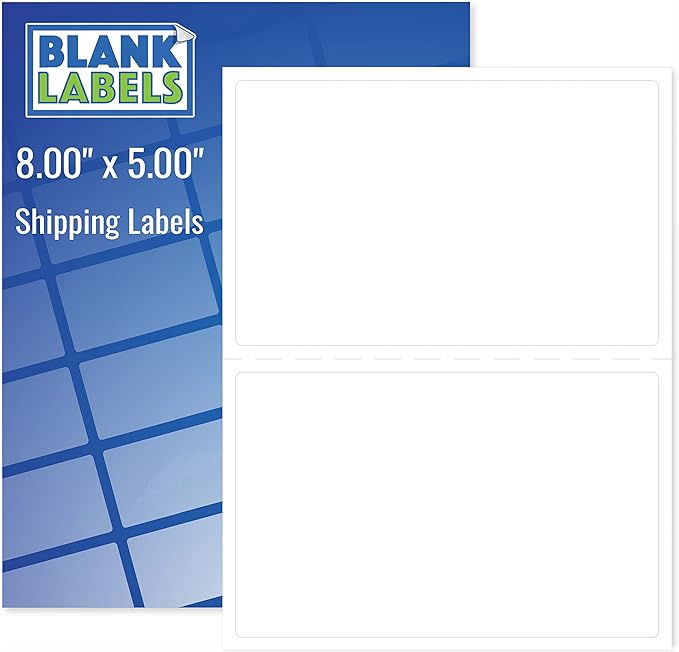 Blank Labels Half Sheet Round Corner Shipping Labels, Permanent White Matte Label Inkjet and Laser Printer Guaranteed, Easy to Peel Made in USA 8” x 5” 2 Labels Per Sheet (2500 Sheets)