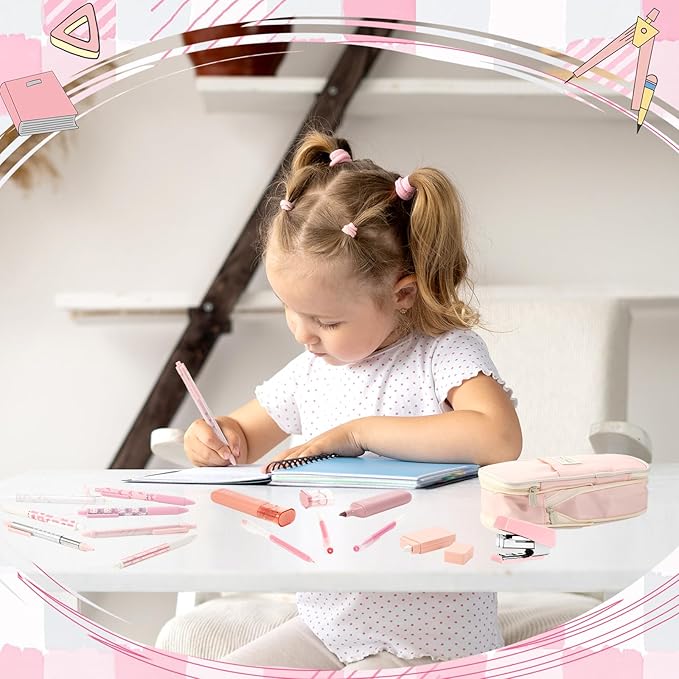 Eersida 58 Pcs Christmas Pink Bow School Supplies Coquette Aesthetic Stationery Large Pencil Pouch Ink Gel Pens Highlighters Sticky Notes Color Pens Stapler Set Christmas Gifts for Student