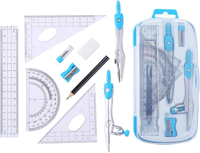 Vobou Math Geometry Kit Sets 10 Piece Student Supplies with Shatterproof Storage Box,Includes Rulers,Protractor,Compass,Eraser,Pencil Sharpener,Lead Refills,Pencil,for Drafting and Drawings（Blue）