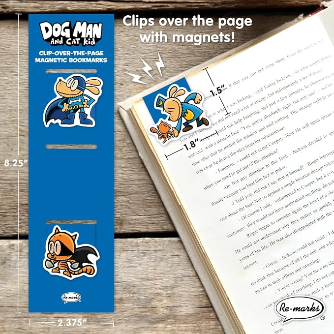 Re-marks “Dog Man and Cat Kid” Collection - 1 Set of 3 Magnetic Page Clips and 1 Set of 5 Multi-Pack Bookmarks