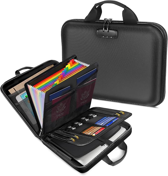 Fireproof Document Organizer with Lock, Hard-Shell Fireproof Document Box with 13 Pocket Accordion File Folder, Portable File Organizer Office Home Travel Safe Storage for Important Documents Laptop