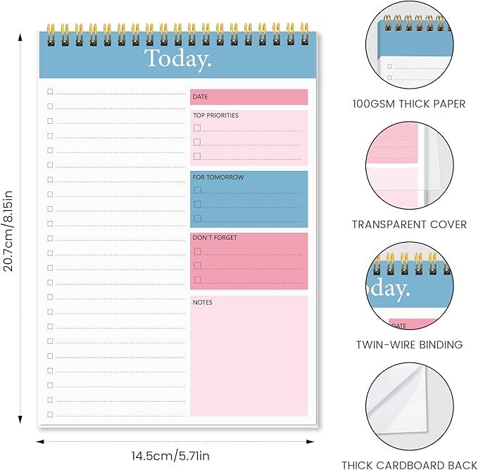 KMQOY To Do List Notepad - Daily Planner Pad Undated 52 Sheets Spiral Today Planner Note Pad Premium Thick Paper 6.5" x 9.8" For Work and Personal Organized - Pink & Blue