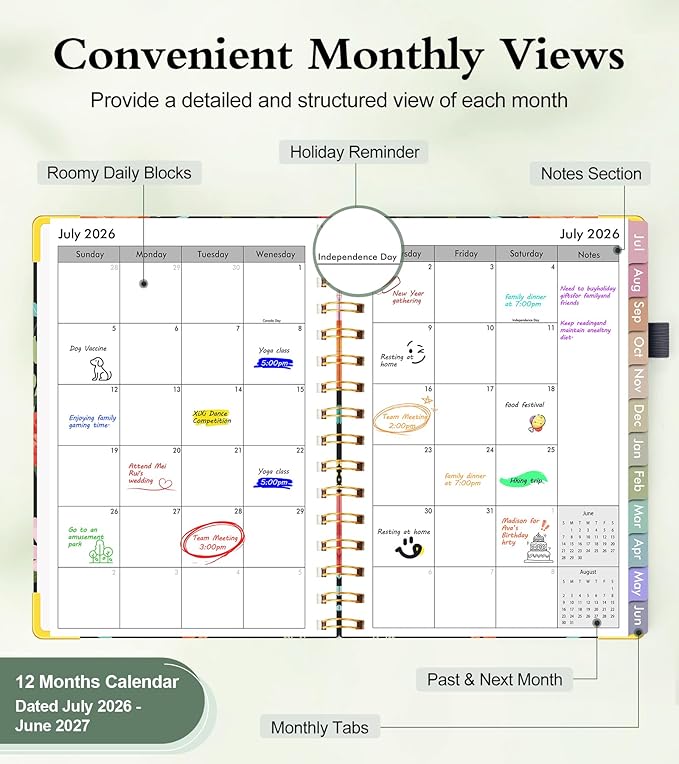 Academic Planner 2026-2027, Hardcover Weekly and Monthly Calendar Planner from July 2026 - June 2027, Daily Agenda Planners with Tabs, College School Organizer for Student Teacher, A5 (6.1" x 8.2"), Blooming Wildly