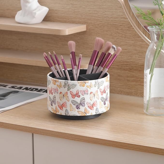 360 Degree Rotating Remote Control Holder for Table, PU Leather Spinning End Table Organizer Caddy, Cute Remote Control Caddy for Office Supplies, Makeup Brushes, Butterfly PH130