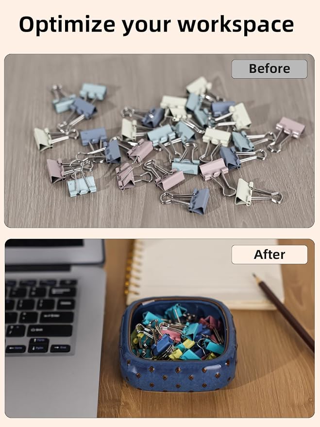 Ceramic Paper Clip Holder, Set of 2 Square Binder Holder Paper Clamp Dispenser Organizer, Desktop Accessories, Office Decor (Vintage Blue)