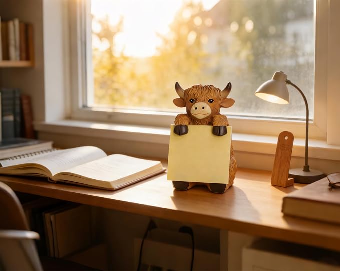 Highland Cow Pop-Up Sticky Note Dispenser with 100 Sheets 3 x 3 Inch Notes, Handmade Resin Highland Cow Desk Decor for Office, Home & Classroom, Gift for Teachers & Coworkers - Brown