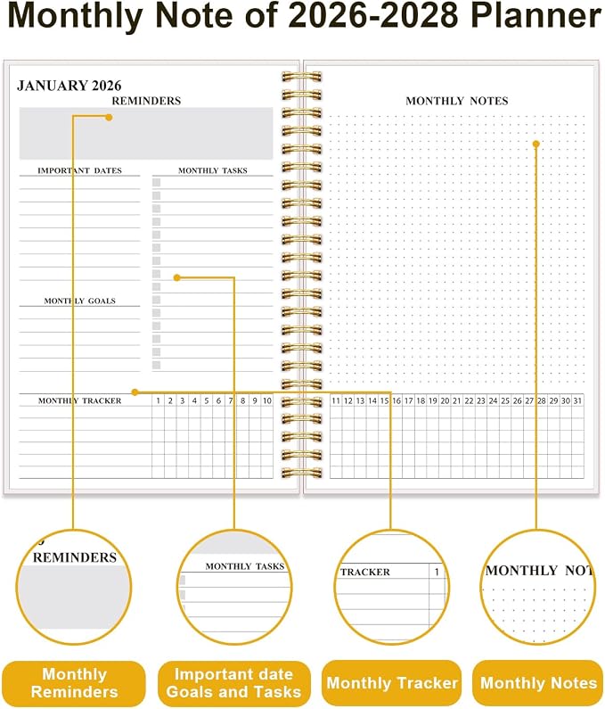 2026-2028 Monthly Planner, 3 Years Calendar from April 2026 - December 2028 with Spiral Binding, Inner Pocket, Elastic Closure, 33 Month Planner for Home | School | Office, 5.8" x 8.5", Black