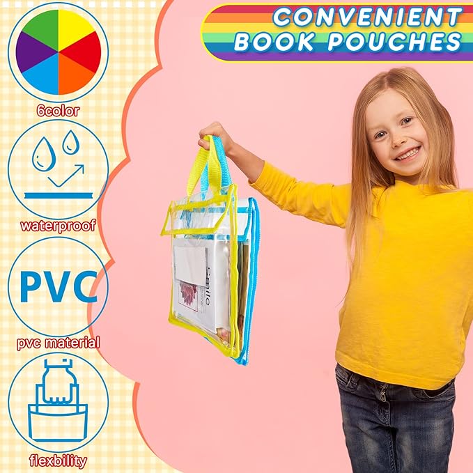 Teling 12 Pack Thick Clear Book Pouches with Blank Name Tags and Handles Book Baggies Bags Bins Organizer for School Classroom Library Pockets Students (14 x 11 Inch,Stylish Color)