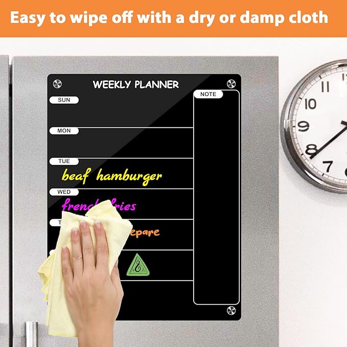 Kamehame Weekly Dry Erase Board for Refrigerator, Magnetic Weekly Calendar for Fridge, Black Acrylic Note Board, Planner Schedule Board, Double-Sided Use