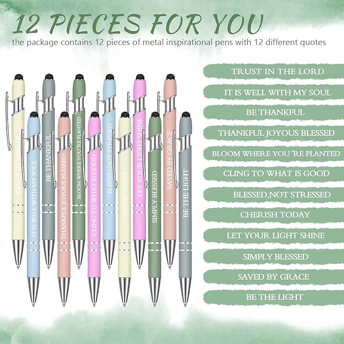 Zonon 12 Pcs Inspirational Pens Gift Set Funny Ballpoint Pen with Stylus Tip Motivational Graduation Gifts Bulk for Teacher Coworkers Nurse School Office Supplies(Morandi,Bible Style)