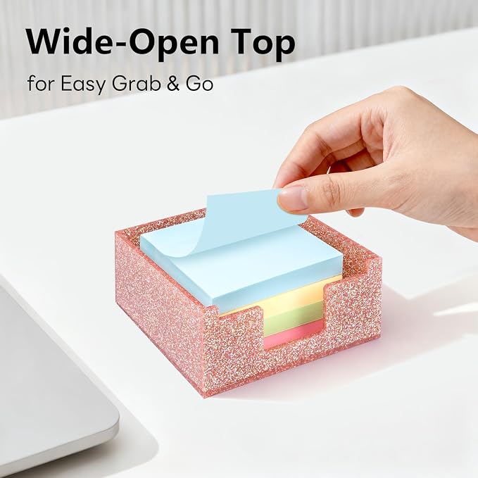 Light Pink Sparkling Sticky Note Holder, Glitter Acrylic Organizer, 3.94 x 3.94 in Multi-Use Tray for Office, School & Home Desk