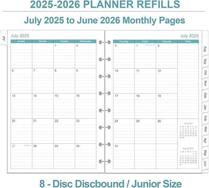 2025-2026 Planner Refills – One Page Per Day, 8-Disc Discbound 2025-26 Daily ＆ Monthly Planner, Runs from July 2025-June 2026, Prioritized, To-Do List, Notes, 5.8" x 8.5"