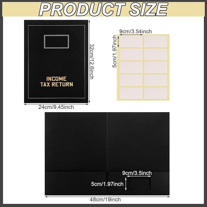 Kisston 200 Pcs Tax Return Folders Bulk 2 Pocket Gold Foil Stamped Income Tax Folders with Labels Business File Office Organizer (Black)