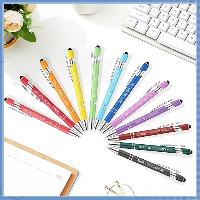 Zonon 12 Pcs Inspirational Pens Gift Set Funny Ballpoint Pen with Stylus Tip Motivational Graduation Gifts Bulk for Teacher Coworkers Nurse School Office Supplies(Fancy Color,Funny Week)