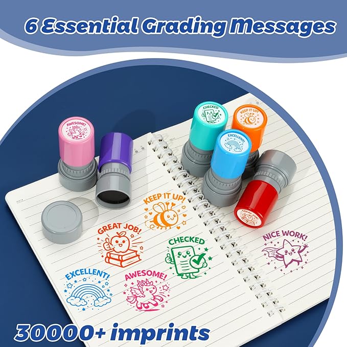 Teacher Stamps for Classroom, Teacher Appreciation Gifts, Self Inking Grading Stamps Set, Reward Stamps with Unicorn, Rainbow, Bee, Star, Classroom Essentials for Elementary School & Homeschool (6Pcs)