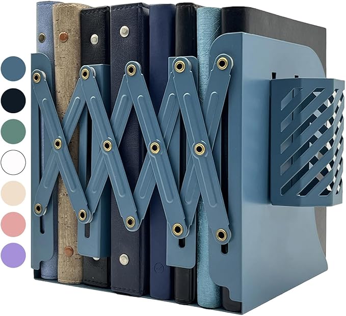 Kingsmile Book Ends, Adjustable Heavy Duty Metal Book Stoppers with Pen Holder for Desk Office Library Kids Room(Blue)